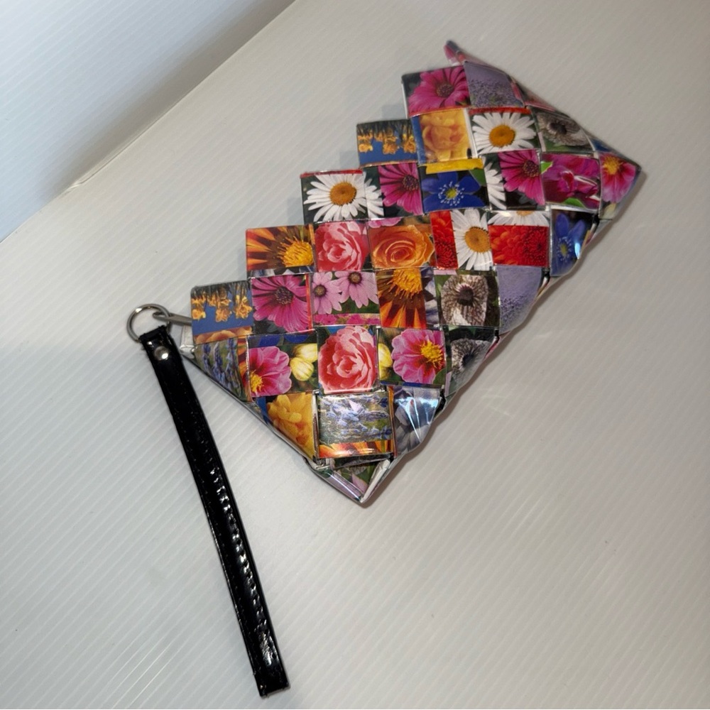 Nahui Ollin Floral Clutch wristlet with Black Strap